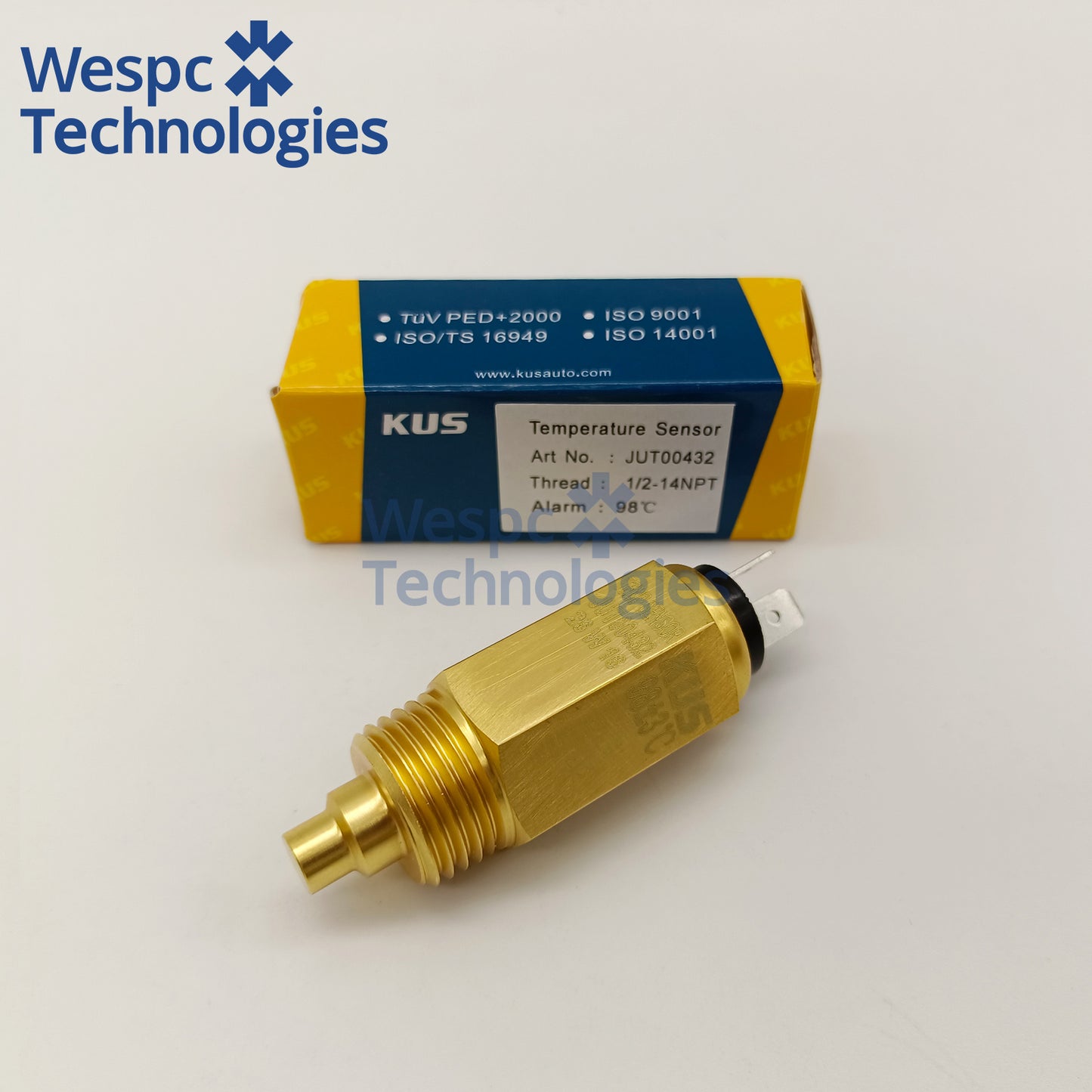 Original KUS JUT00432 Water Temperature Sensor 1/2-14NPT Thread Dual 6.3mm Spade Pin 98°C Overheat Alarm Coolant Temp Sender