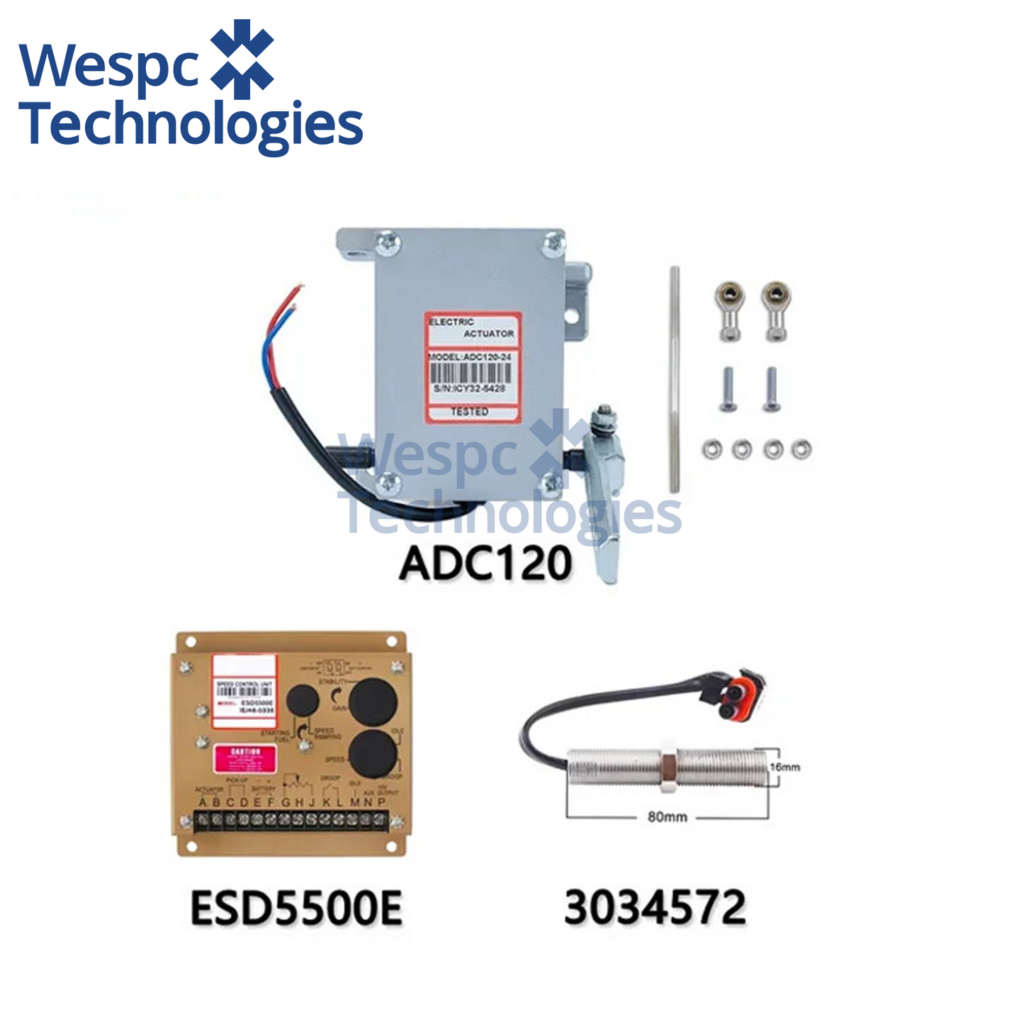 ADC120 External Actuator + ESD5500E Speed Controller + 3034572 Magnetic Speed Sensor Governor Generator Actuator Kit