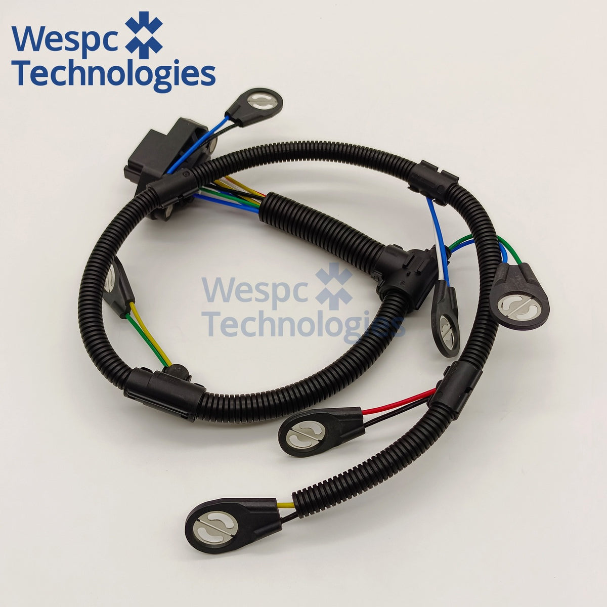 CH10974 injector wiring harness, side view showing red connector flange and wire colors