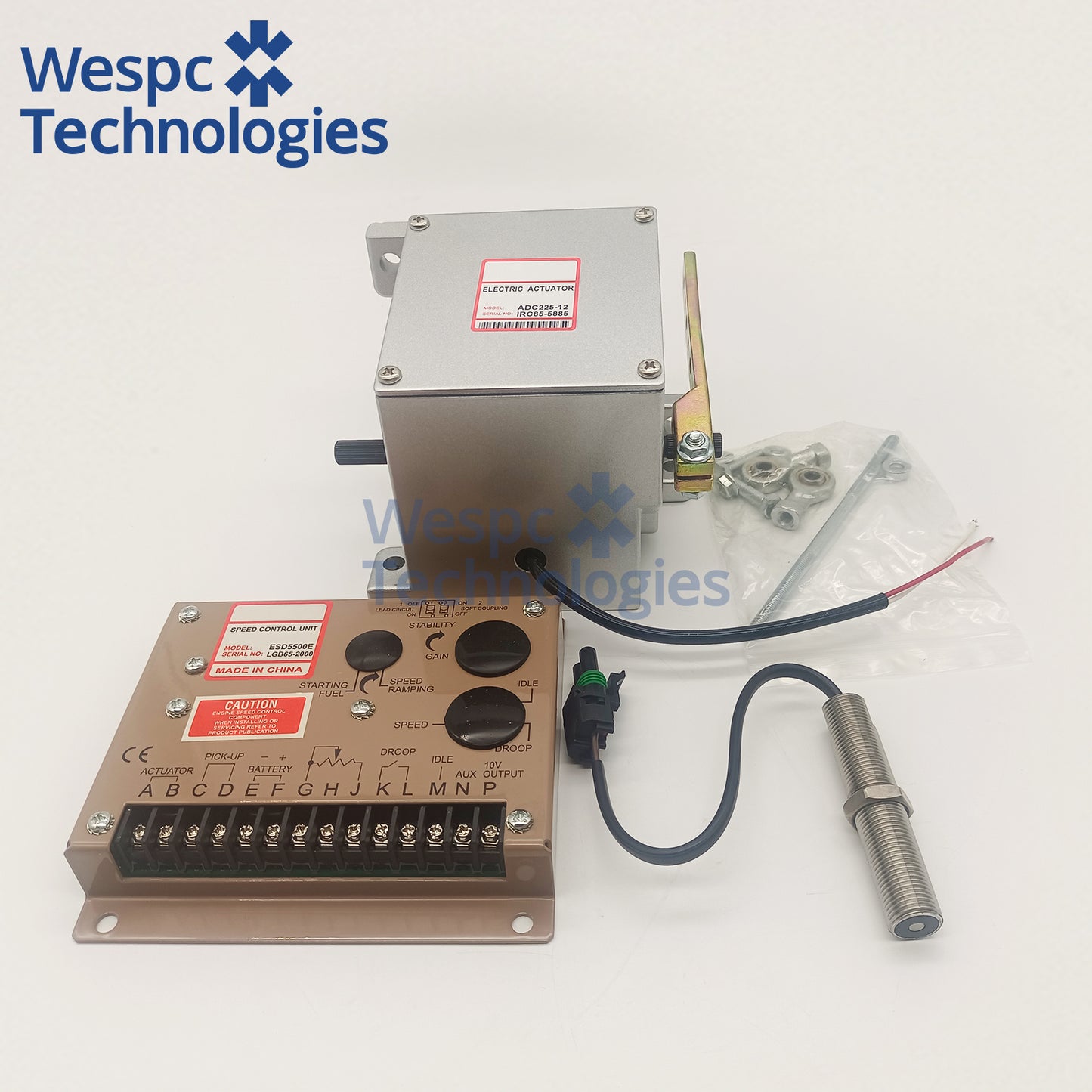 ADC225 External Electric Actuator + ESD5500E Speed Controller + 3034572 Magnetic Pickup Speed Sensor Complete Governor Set 12V/24V For 100-800KW Diesel Generator Engine Speed Stabilization Replacement Spare Part